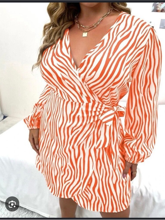 SHEIN Dresses & Skirts - SHEIN Orange and White Zebra Wrap Mini Dress - Long Sleeve Tie Waist